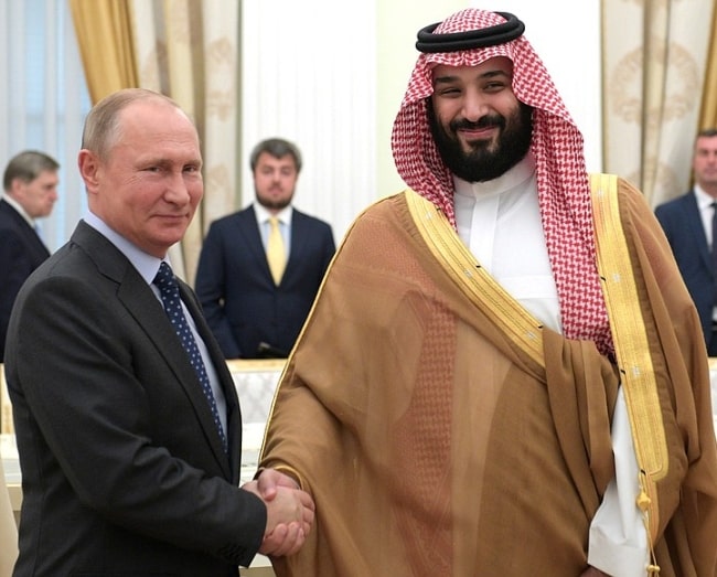 Mohammad bin Salman (Right) as seen while shaking hands with President Vladimir Putin in June 2018