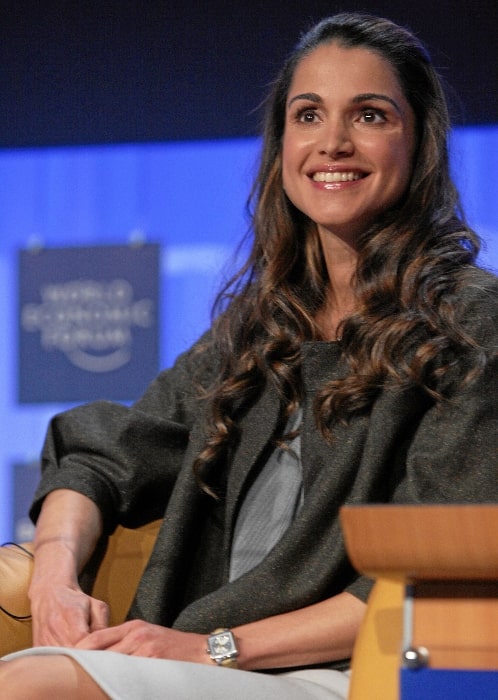 Queen Rania of Jordan smiling during the session 'Corporate Global Citizenship in the 21st Century' at the Annual Meeting 2008 of the World Economic Forum in Davos, Switzerland on January 24, 2008