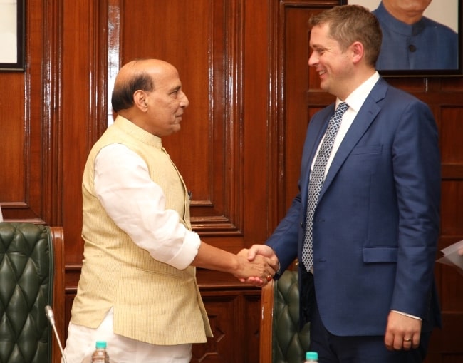 Rajnath Singh (Left) as seen while meeting Canadian politician Andrew Scheer in October 2018