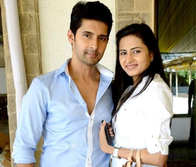 Sargun Mehta as seen while posing for a picture along with Ravi Dubey at the launch party of Bindass's show 'Yeh Hai Aashiqui' in August 2014