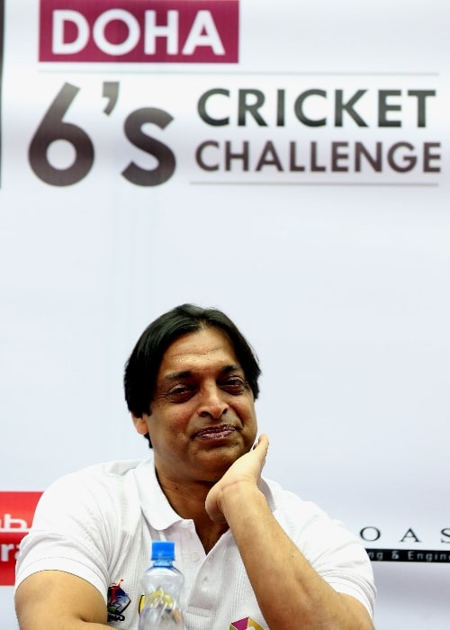 Shoaib Akhtar as seen while smiling in a picture taken during a function in Doha, Qatar in April 2014