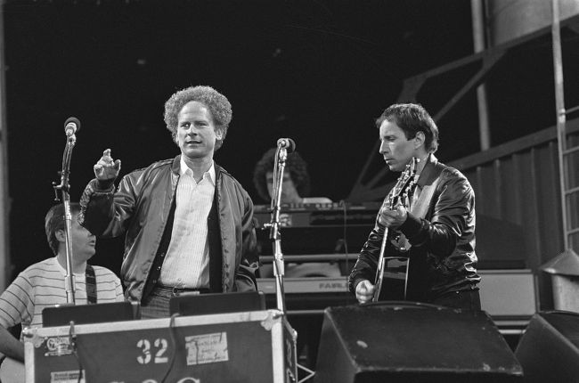 Simon & Garfunkel performing at the Feijenoord stadium in Rotterdam in 1982