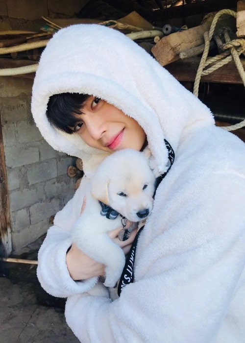 Song Kang as seen while posing for the camera along with a puppy in October 2018