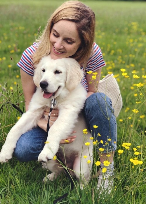 Sophie Rundle with her dog as seen in May 2019