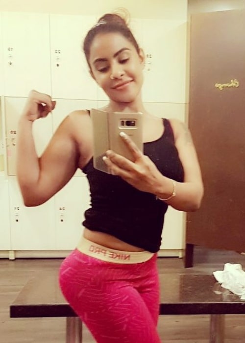 Sri Reddy as seen while flexing her biceps for a selfie that was taken in January 2018