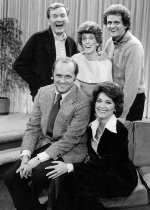 Standing from Left - Bill Daily, Marcia Wallace, and Peter Bonerz. Seated from Left - Bob Newhart and Suzanne Pleshette
