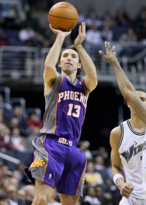 Steve Nash as seen in a picture taken just as he leaps to throw the ball to the basketball in a match between Phoenix Suns vs. Washington Wizards in January 29, 2009