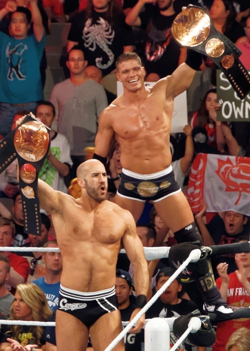 Cesaro and Tyson Kidd as the WWE Tag Team Champions at the WWE Raw television taping on March 30, 2015