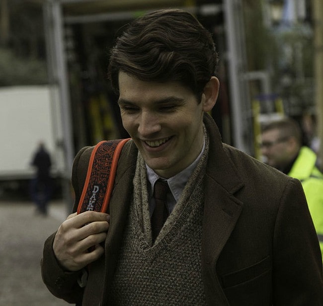 Colin Morgan on the set of Testament of Youth in April 2014