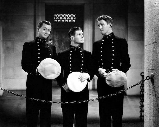 From Left to Right - Robert Young, Tom Brown, and James Stewart as seen in the American drama-sport film 'Navy Blue and Gold'