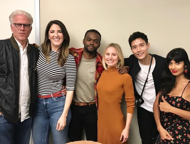 From Left to Right - Ted Danson, D'Arcy Carden, William Jackson Harper, Kristen Bell, Manny Jacinto, and Jameela Jamil in March 2019