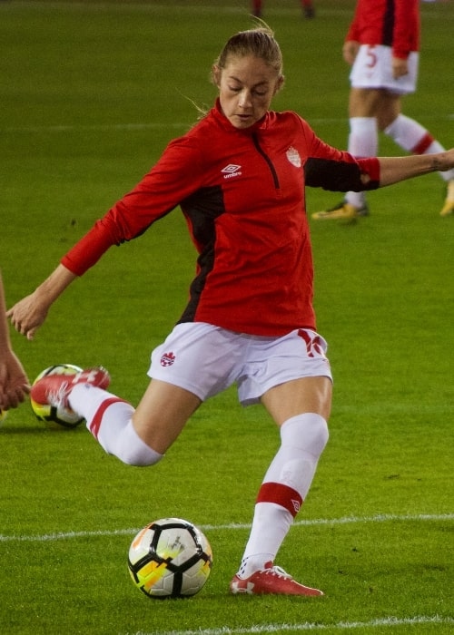 Janine Beckie as seen in a picture taken while warming up before a game at Avaya Stadium, San Jose, California, on November 12, 2017