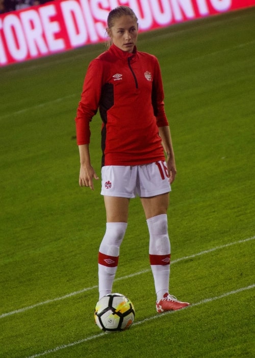 Janine Beckie as seen in a picture taken while warming up before a game at Avaya Stadium, San Jose, California, on November 12, 2017