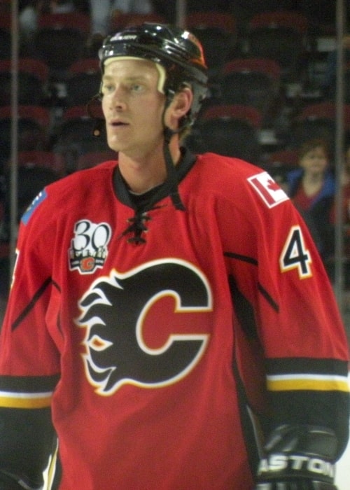 Jay Bouwmeester seen during warmup prior to a National Hockey League exhibition game between the Calgary Flames and New York Islanders in September 2009 in Calgary