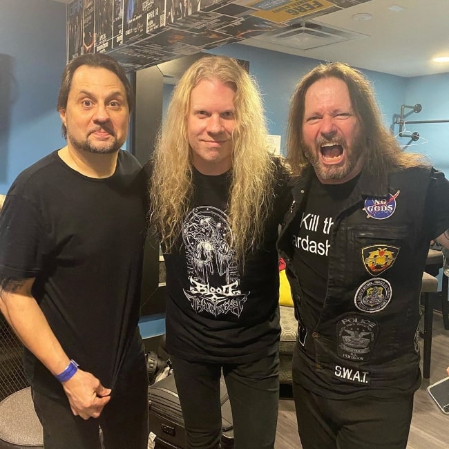 Jeff Loomis as seen while posing for a picture along with Dave Lombardo (Left) and Gary Holt (Right) in Anaheim, California, United States in January 2020