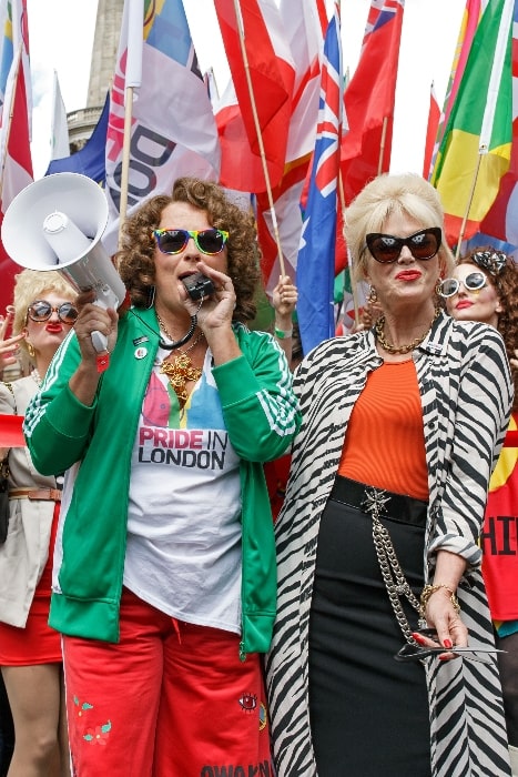 Jennifer Saunders (Left) and Joanna Lumley in character as Edina Monsoon and Patsy Stone from 'Absolutely Fabulous' at Pride in London, England in 2016