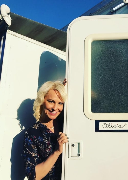 Josie Bissett as seen in a picture taken infront of her onset trailer in Langley, British Columbia in June 2017