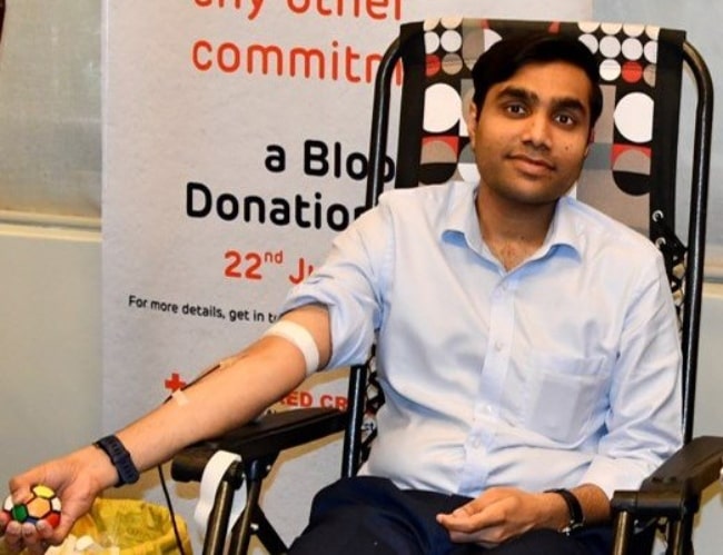 Karan Adani as seen while donating blood at a blood donation drive organized by Adani Foundation in June 2018