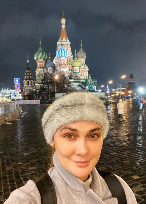 Luna Maya as seen while smiling in a selfie at Moscow Kremlin in Moscow, Russia in February 2020