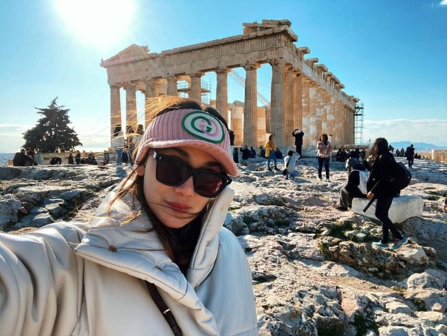 Luna Maya taking a selfie at the Acropolis of Athens in Athens, Greece in December 2019