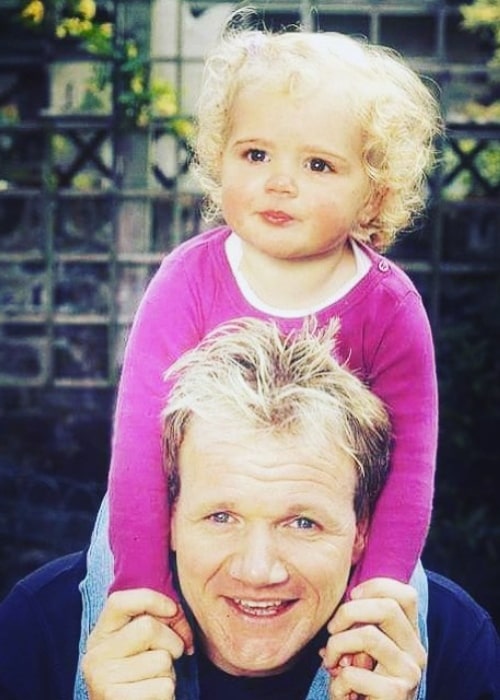 Matilda Ramsay as seen in a picture from her childhood days while sitting on the shoulders of her father Gordon Ramsay