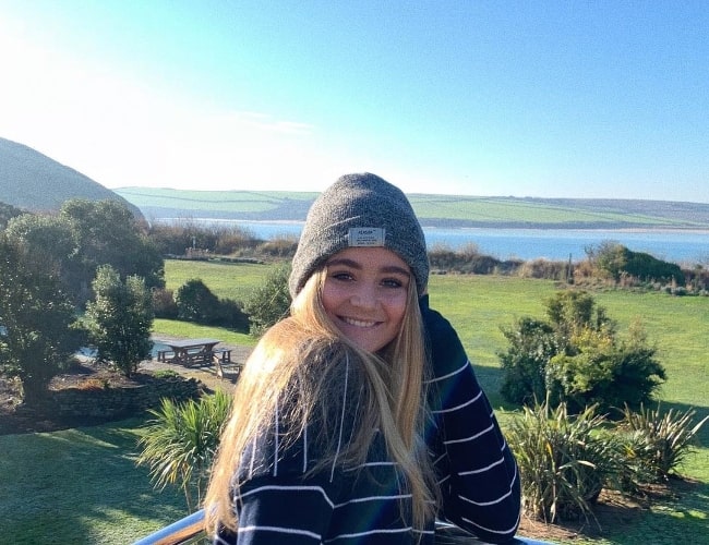 Matilda Ramsay as seen while smiling for a picture in Daymer Bay in north Cornwall, England, United Kingdom in December 2018