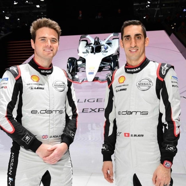 Oliver Rowland as seen in a picture taken with fellow race car driver Sébastien Buemi representing Nissan at the Geneva International Motor Show in Geneva in Switzerland in March 2019