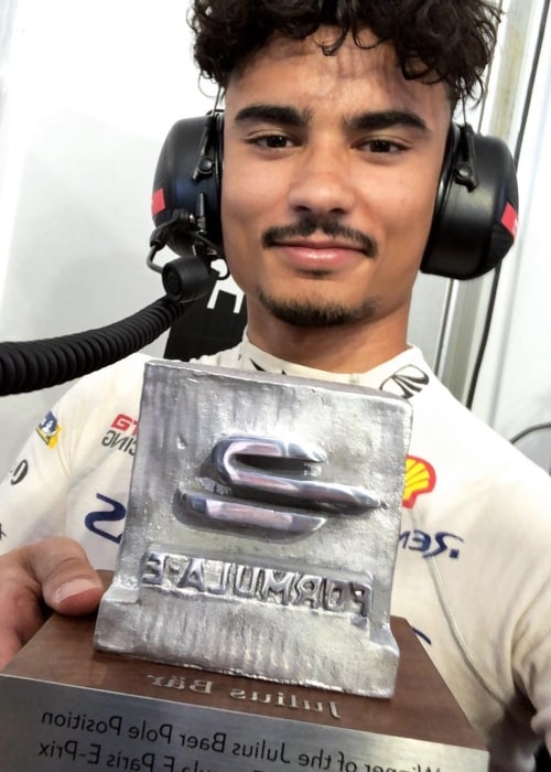 Pascal Wehrlein as seen in a picture taken in Paris, France while holding the award for Pole Position at the Formula E in April 2019