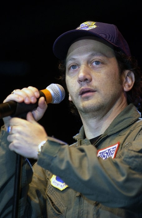 Rob Schneider performing for Aviano Air Base spectators at the USO Holiday Tour 2001 show