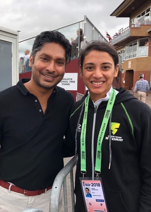 Smriti Mandhana and former Sri Lankan International Cricketer Kumar Sangakkara, as seen in July 2018