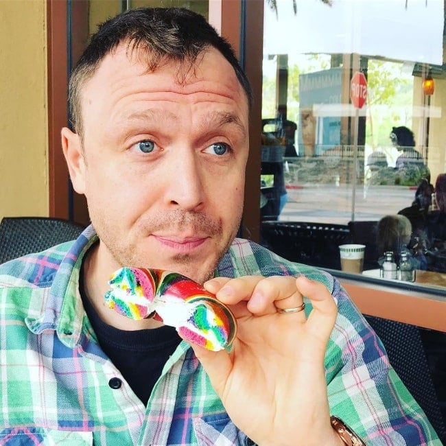 Steve Jocz as seen while enjoying a unicorn bagel at Bagels & Brew in Aliso Viejo, Orange County, California in May 2018