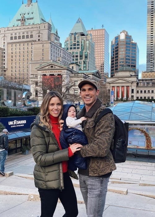 Tanner Novlan as seen in a picture taken with his wife actress Kayla Ewell and their daughter Poppy Marie Novlan in Robson Square in December 2019