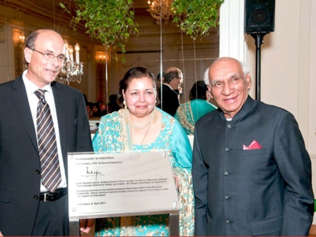 Yash Chopra as seen while receiving the title 'Ambassador of Interlaken (2011)', with his wife Pamela Chopra, in 2011