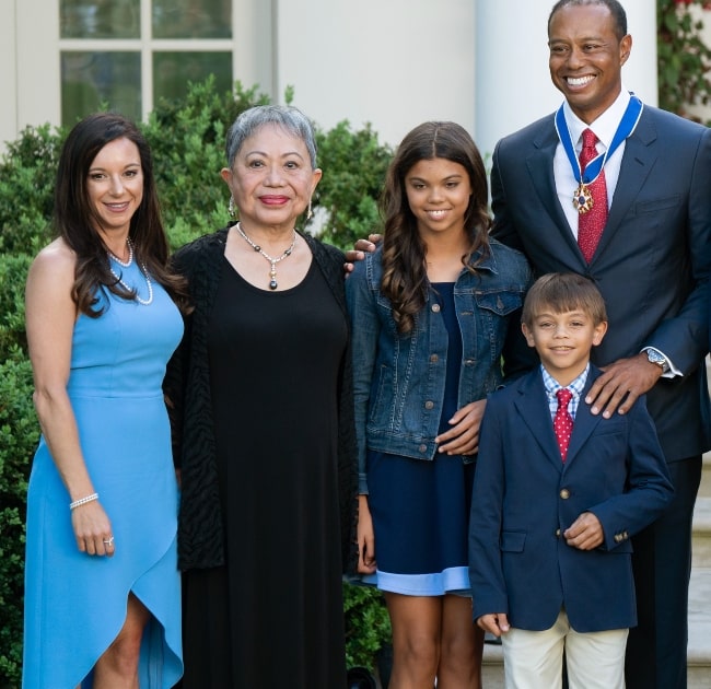 From Left - Erica Herman, Tiger Woods' mother Kultida Woods, Tiger Woods' daughter Sam Woods, Tiger Woods' son Charlie Woods, and Tiger Woods after he received the Presidential Medal of Freedom on May 6, 2019