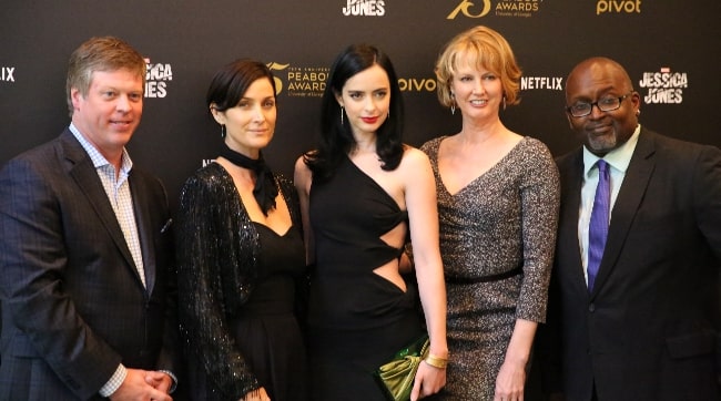 From Left - Jeffrey P. Jones, Carrie-Anne Moss, Krysten Ritter, Melissa Rosenberg, and Eric Deggans at Peabody's Marvel's Jessica Jones Night held at the New York Institute of Technology's auditorium in 2016