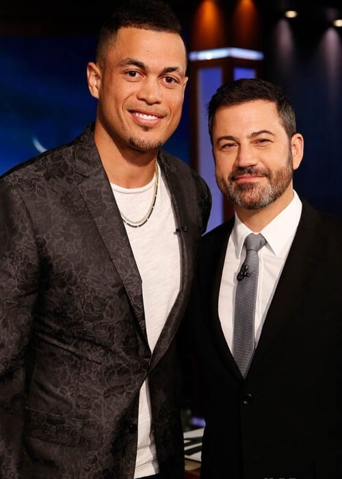 Giancarlo Stanton as seen in a picture take with Jimmy Kimmel on the set of Jimmy Kimmel Live! in October 2017