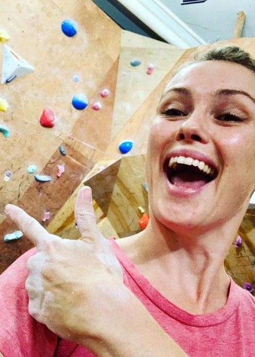 Hannah New as seen in a selfie taken at the AltiDude Climbing Gym in October 2019