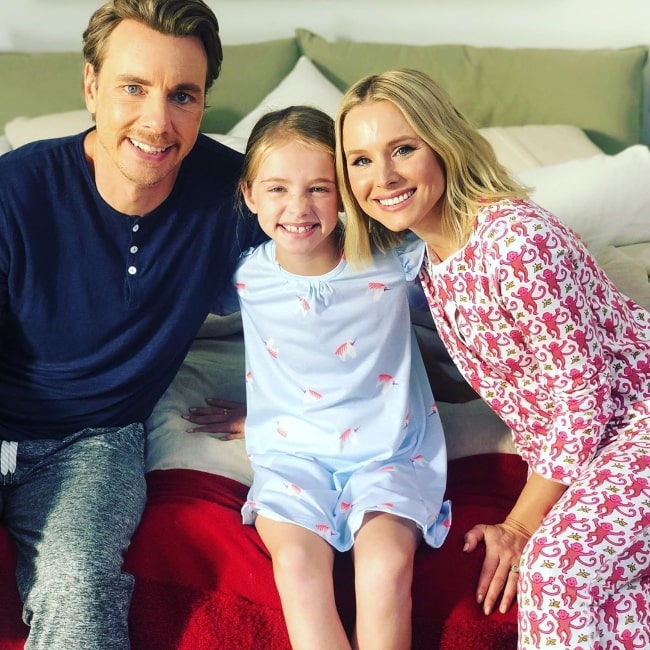 Kingston Foster as seen while posing for a picture along with her on-screen parents Kristen Bell and Dax Shepard in October 2019