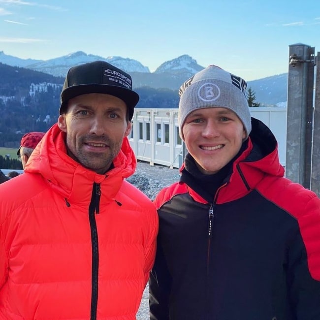 Maximilian Günther (Right) as seen while posing for a picture along with Sven Hannawald in Oberstdorf, Germany in December 2019