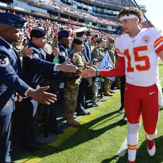 Patrick Mahomes II as seen in a picture taken as he gives Low Five's to Veterans on Veteran Day in November 2019