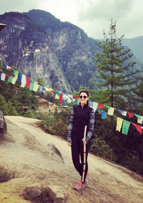 Rakhee Kapoor Tandon as seen while posing for the camera during her trek to Taktsang Monastery (a.k.a. Tiger Nest Monastery) in Bhutan in May 2016