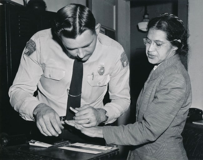 Rosa Parks as seen while being fingerprinted on February 22, 1956, by Lieutenant D.H. Lackey as one of the people indicted as leaders of the Montgomery bus boycott