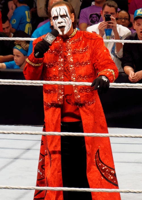 Sting as seen in a picture taken while he delivered a promo at a WWE Raw event on March 30, 2015