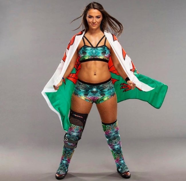 Tegan Nox wrapped in the Welsh flag, as seen in April 2019