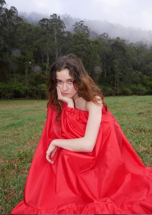 Alice Englert sharing the photo of herself adorned in red in February 2019
