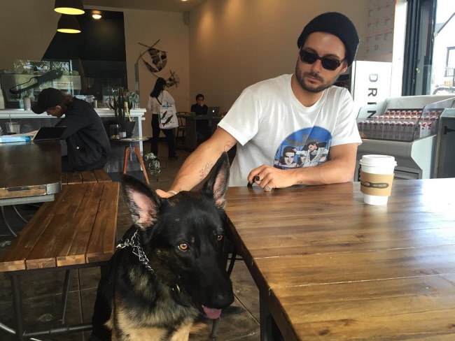 Dylan Rieder with his pet dog, as seen in November 2015