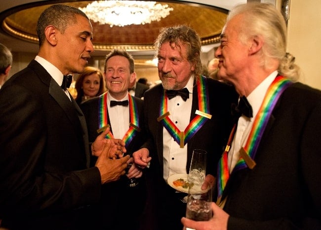 From Left to Right - Former United States President Barack Obama, John Paul Jones, Robert Plant, and Jimmy Page at the 2012 Kennedy Center Honors event