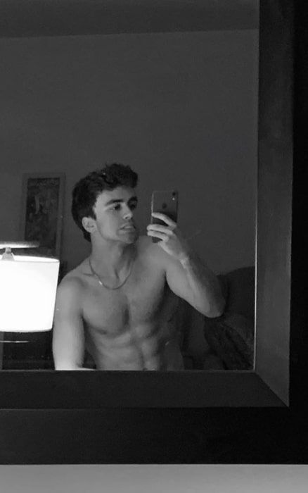 Itzan Escamilla as seen while clicking a shirtless mirror selfie in July 2019