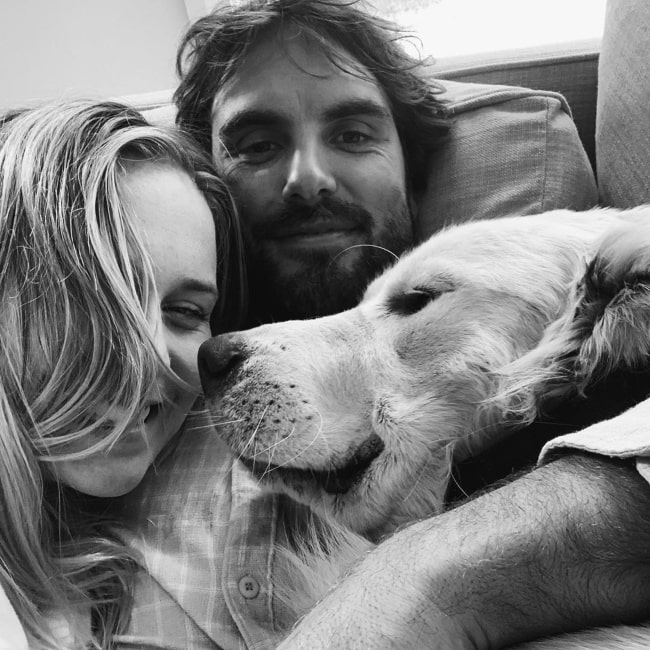 Jack River as seen in a selfie taken with her beau Brett Burcher and their dog in April 2020