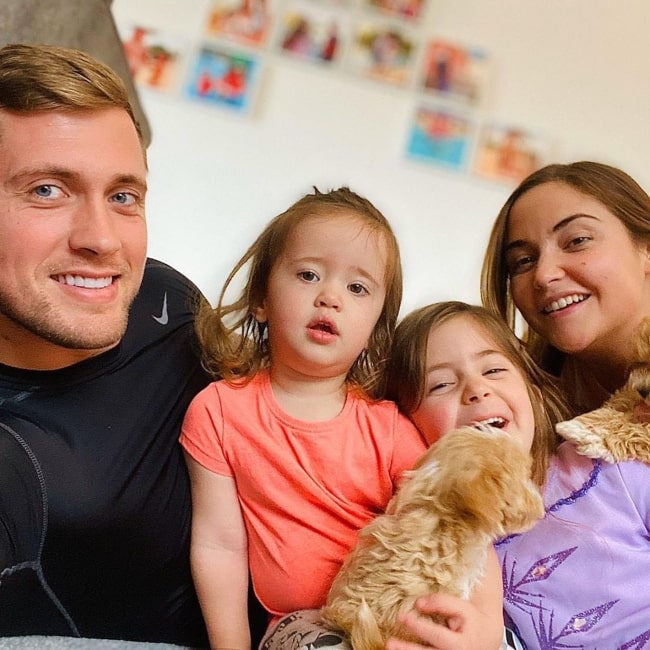 Jacqueline Jossa as seen in a selfie taken with her husband Dan Osborne and their children Ella and Mia Osborne in March 2020